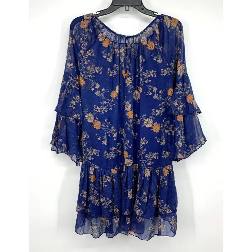 Free People Dress Sunsetter Mini Blue Floral Tiered Ruffle Bell Sleeve